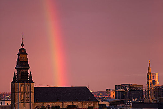 比利时,布鲁塞尔,地点,俯视图,教堂,彩虹,黎明