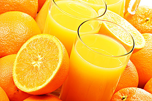 构图,两个,玻璃杯,橙汁,水果