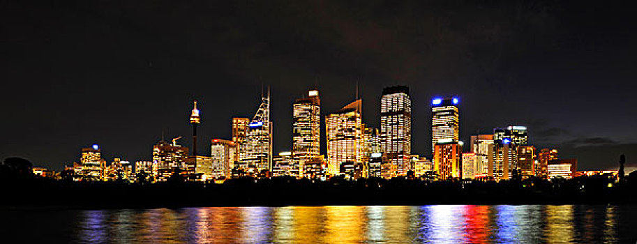 全景,天际线,电视塔,中央商务区,夜晚,悉尼,新南威尔士,澳大利亚