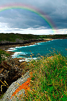 风景,岩石,大西洋海岸,布列塔尼半岛,法国,雷雨天气,彩虹