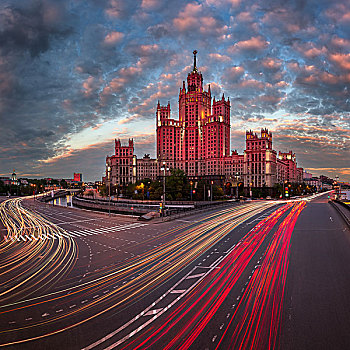堤,建筑,一个,莫斯科,姐妹,晚上,俄罗斯