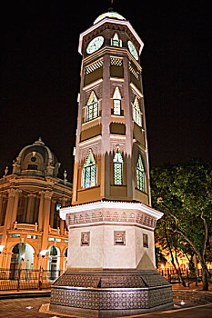 摩尔风格,钟楼,夜晚,瓜亚基尔,厄瓜多尔