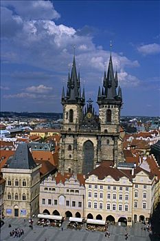 捷克共和国,布拉格,老城广场,市政厅,露天咖啡馆,提恩教堂