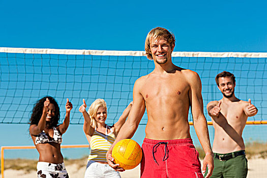 群体,朋友,女人,男人,玩,沙滩排球,一个,正面,球