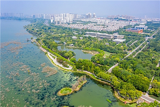 航拍河南平顶山白龟湖国家城市湿地公园,白龟山水库