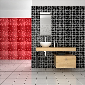 现代,浴室,黑色,红色,白色,砖瓦