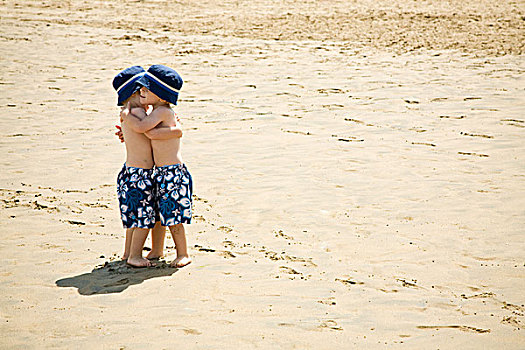 双胞胎,男孩,搂抱,海滩