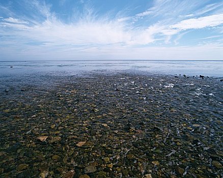 海湾,河,流动,海洋,云,看,上方