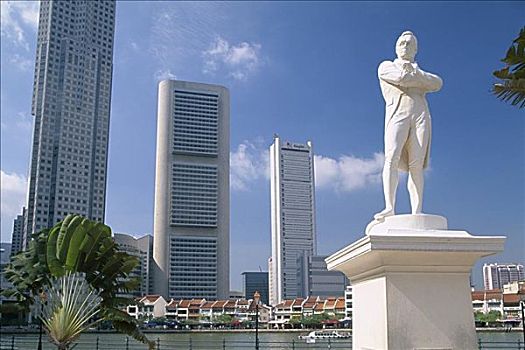 托马斯-莱佛士爵士,雕塑,河滨步道,克拉码头,背景,新加坡