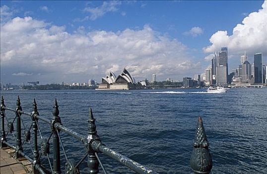 澳大利亚,新南威尔士,悉尼,锻铁,栏杆,框架,悉尼港,城市,天际线,悉尼歌剧院,后面