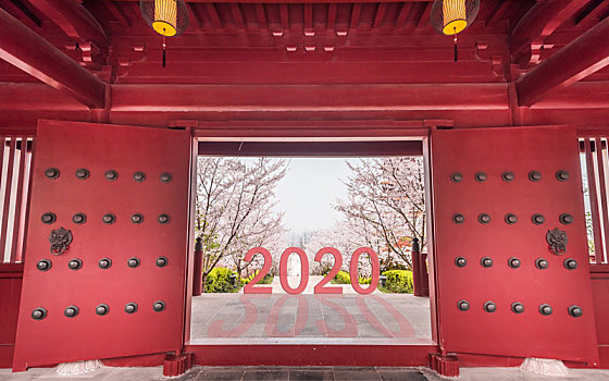 2020新年开始红色宫门与樱花背景