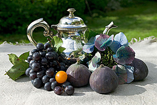 季节,静物,种类,秋天,水果,银,茶壶,蓝色,绣球花,花园