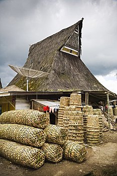 堆积,编织物,篮子,传统建筑,北方,苏门答腊岛,印度尼西亚