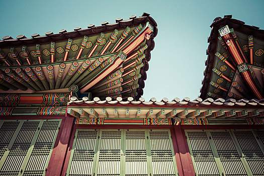 特写,传统,韩国,屋顶,彩色,装饰,古老,宫殿,庙宇,首尔