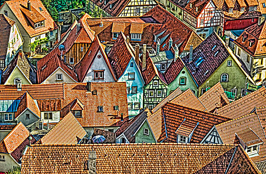 坏,德国,彩色,瓷砖,屋顶,老城