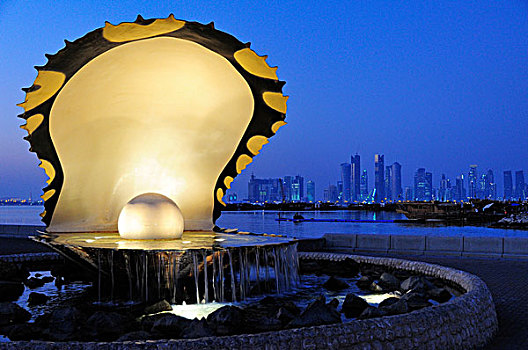 珍珠,牡蛎,喷泉,滨海路,多哈,卡塔尔,中东