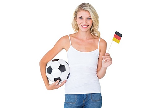 漂亮,德国人,球迷,摆动,旗帜,拿着,球