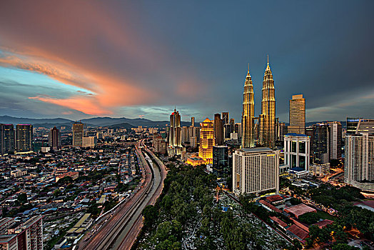 城市,吉隆坡,马来西亚,黄昏,光亮,双子塔,远景