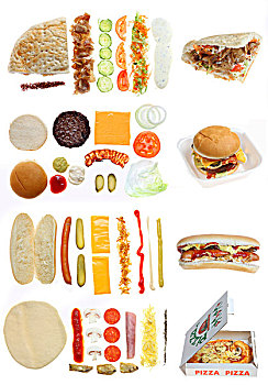 快餐,成分,土耳其烤肉,皮塔饼,汉堡包,奶酪,熏肉,热狗,比萨饼