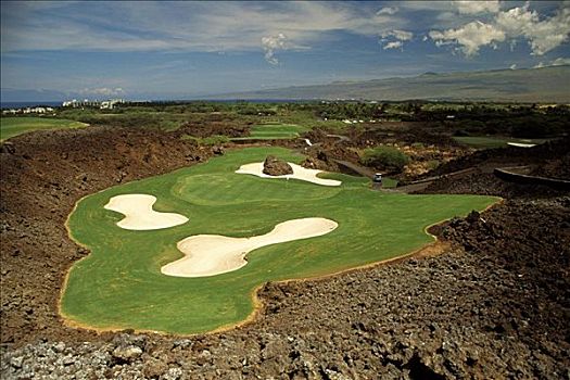 夏威夷,柯哈拉,毛纳拉尼,胜地,褐色,北方,高尔夫球场,沙坑,火山岩,围绕,绿色