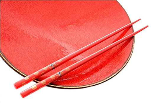 红色,盘子,筷子