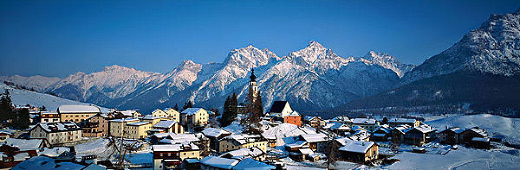 瑞士,乡村,城镇,山,冬天,下午,大幅,尺寸