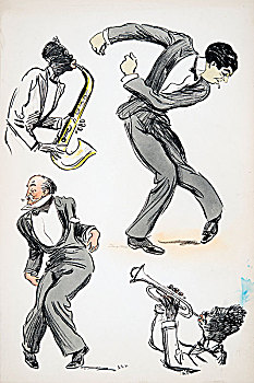 两个男人,套装,跳舞,两个,音乐人,玩,萨克斯管,喇叭,白色,仰视