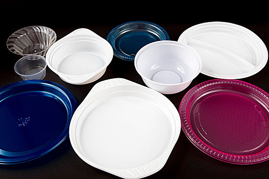 塑料制品,盘子,瓷器,一次性用品,垃圾,多样,形状,彩色