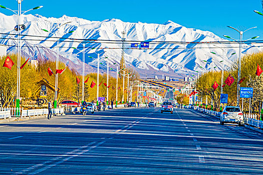 新疆,公路,雪山,树木,蓝天