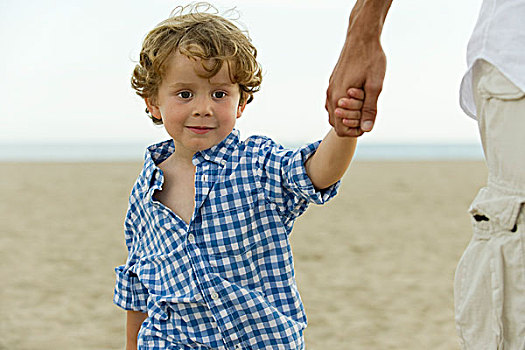 小男孩,拿着,手,海滩,局部