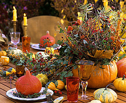秋季插花,观赏葫芦,桌上