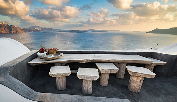 桌子,日落,风景,锡拉岛,希腊