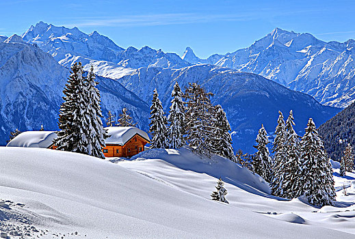 冬季风景,深,积雪,木制屋舍,背影,顶峰,马塔角,阿莱奇地区,瓦莱,瑞士,欧洲