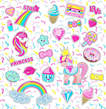 收集,公主,象征,彩虹,星,甜,矢量,抠像,插画,小,独角兽,蛋糕,冰淇淋,棒棒糖,磁带,魔幻,风格,设计,女孩,明信片,装饰,不干胶,隔绝
