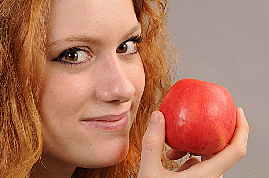 脸,红发,女人,拿着,红色,苹果