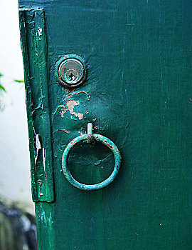 老,绿色,铁门,门环