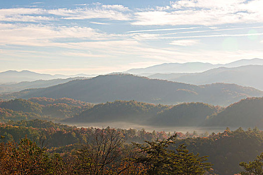 美国,田纳西,晨光,风景,雾,山谷,烟雾,山,国家公园,山麓,大路