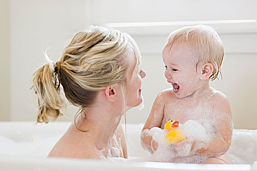 母亲,婴儿,气泡,沐浴
