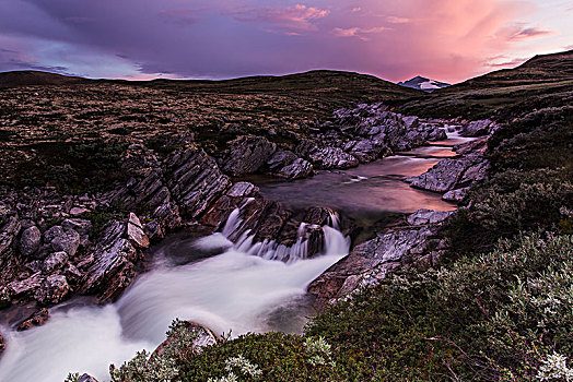 河,日落,山,后面,挪威,欧洲