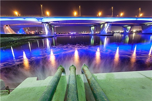 下水道,管,水,迪拜河,夜晚,迪拜,阿联酋