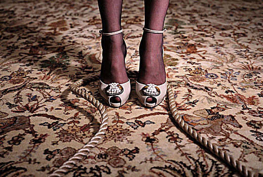 局部,腿,长袜,高,高跟鞋,环绕,绳索,伊朗人,地毯,纽约,美国,五月,2009年