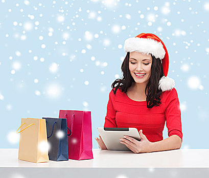 圣诞节,圣诞,网上购物,概念,女人,圣诞老人,帽子,礼盒,平板电脑,电脑