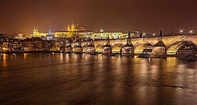查理大桥,布拉格城堡,大教堂,夜晚,布拉格,捷克共和国,欧洲