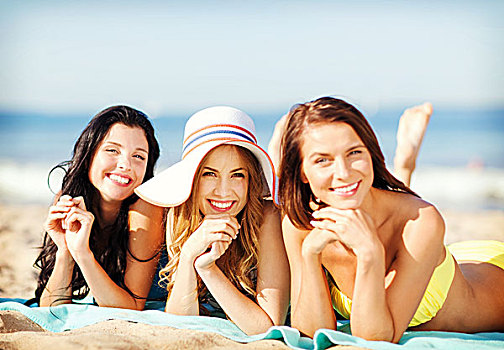 暑假,度假,女孩,比基尼,日光浴,海滩