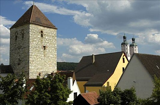 教区教堂,塔,城市,墙壁,自然公园,巴伐利亚,德国