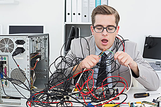 电脑,工程师,工作,破损,线缆