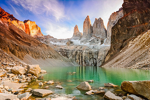 泻湖,塔,日落,托雷德裴恩国家公园,巴塔哥尼亚,智利