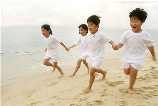 孩子,白色,衣服,握手,跑,海滩