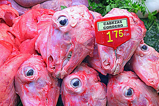 羊羔肉,头部,市场货摊,巴塞罗那,西班牙