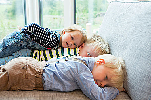 头像,疲倦,男孩,两个,幼儿,躺着,沙发